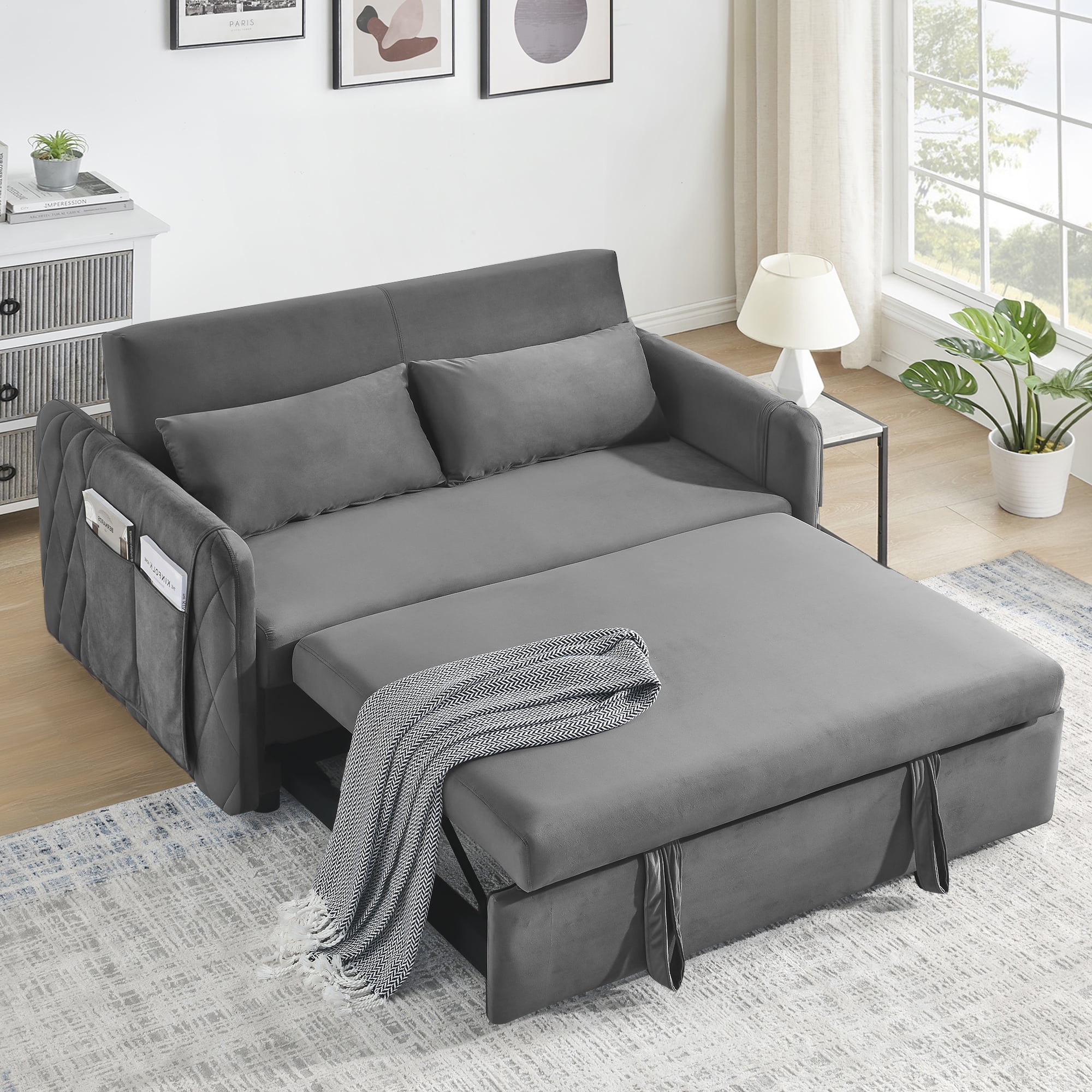3 in 1 Convertible Sleeper Sofa Bed,55" Modern Velvet Pull Out Sofa Bed ...