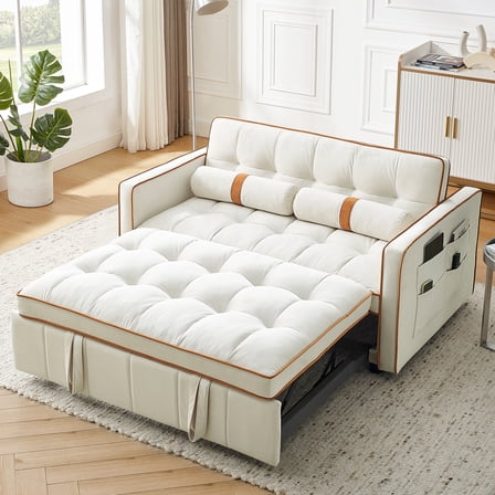 3 in 1 Convertible Sleeper Sofa Bed,55" Modern Velvet Sofa Couch Bed with 2 Lumbar Pillows and Adjsutable Backrest,2 Seater Loveseats Sofa for Apartment Office Living Room,Beige