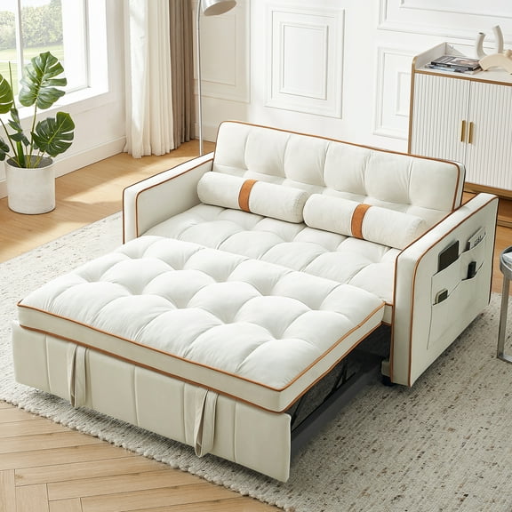 3 in 1 Convertible Sleeper Sofa Bed,55" Modern Velvet Sofa Couch Bed with 2 Lumbar Pillows and Adjsutable Backrest,2 Seater Loveseats Sofa for Apartment Office Living Room,Beige