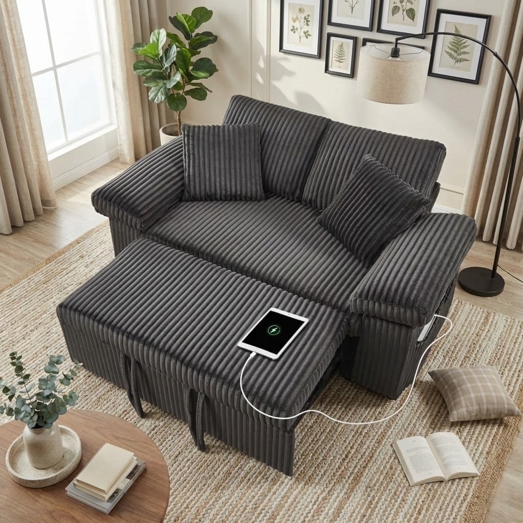 3 in 1 Convertible Sleeper Sofa Bed, 60" Pull Out Couch with Adjustable Backrest, Corduroy Loveseat Sofa Couch with Side Pockets for Living Room Bedroom Apartment Small Space (Dark Grey)