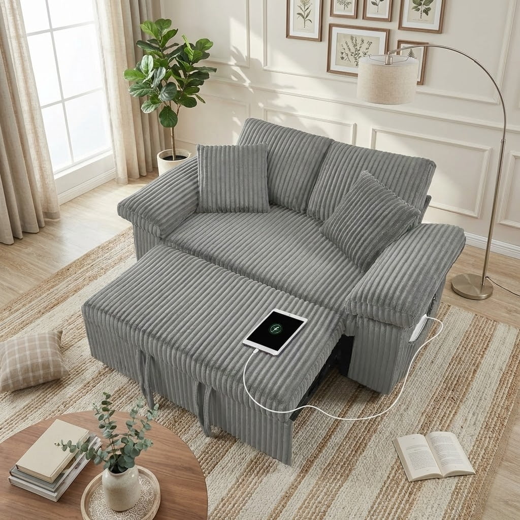 3 in 1 Convertible Sleeper Sofa Bed, 60" Pull Out Couch with Adjustable Backrest, Corduroy Loveseat Sofa Couch with Side Pockets for Living Room Bedroom Apartment Small Space (Light Grey)