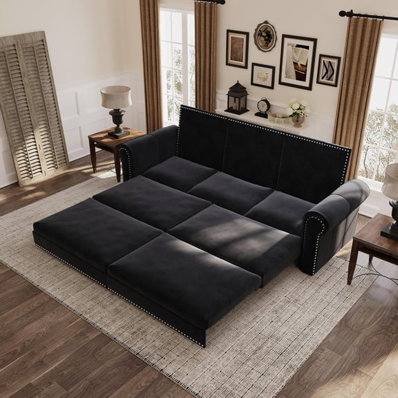 3 in 1 Convertible Sleeper Sofa Bed, 93.7" King Size Sofa Sleeper with Pull Out Bed, Velvet Folding Loveseat Sofa 3-Seater with Deep Seat, Nailhead Trim & Rolled Arm for Living Room