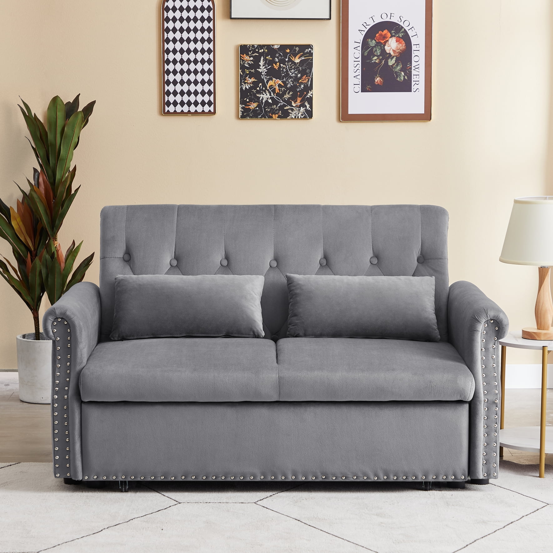 3 in 1 Convertible Sleeper Sofa Bed with Adjustable Backrest and Nailhead Trim Pull out Sofa Bed with Scroll Arms and Wood Frame Upholstered Sleeper