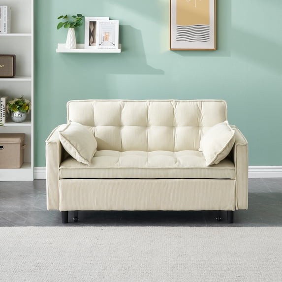 3 in 1 Convertible Sleeper Sofa Bed, Futon Couches with Side Pocket, Pull Out Couch Corduroy Sleeper Small Loveseat with Adjustable Backrest for Living Room, Apartment, Beige