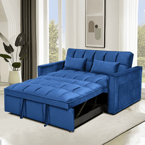 3 in 1 Convertible Sleeper Sofa Bed, Modern Pull Out Couch Bed, Adjustable Backrest, Velvet Loveseat Futon Sofa with Pillows & Pockets for Living Room Apartment, Blue