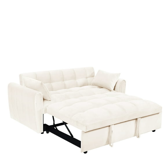 65'' Large Size Sofa Bed 3-in-1 Foldable Modern Velvet Loveseat Sofa with Adjustable Back, Storage Side Packet and Pillow (White)