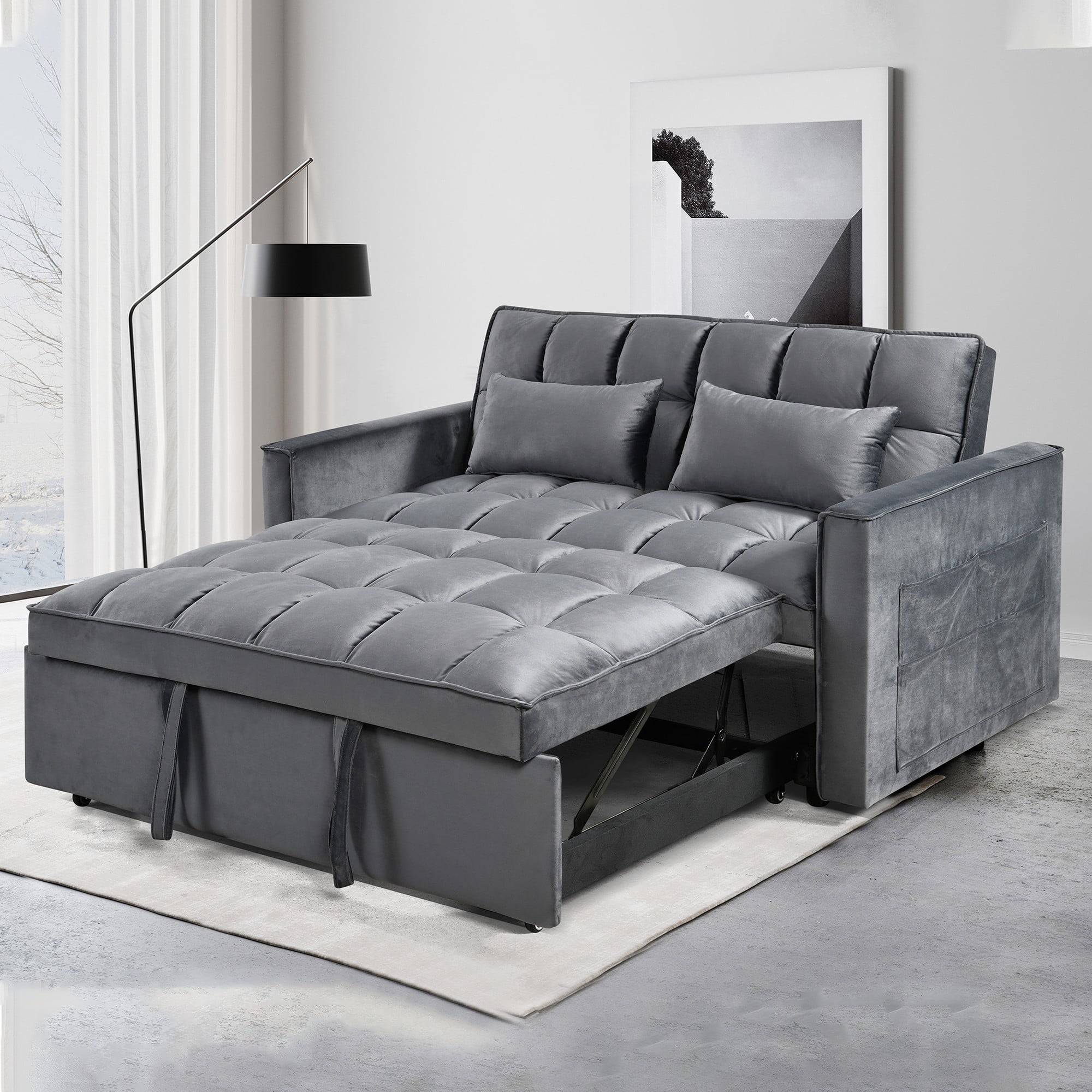 3 in 1 Convertible Sleeper Sofa Bed, Modern Velvet Loveseat Pull-Out ...