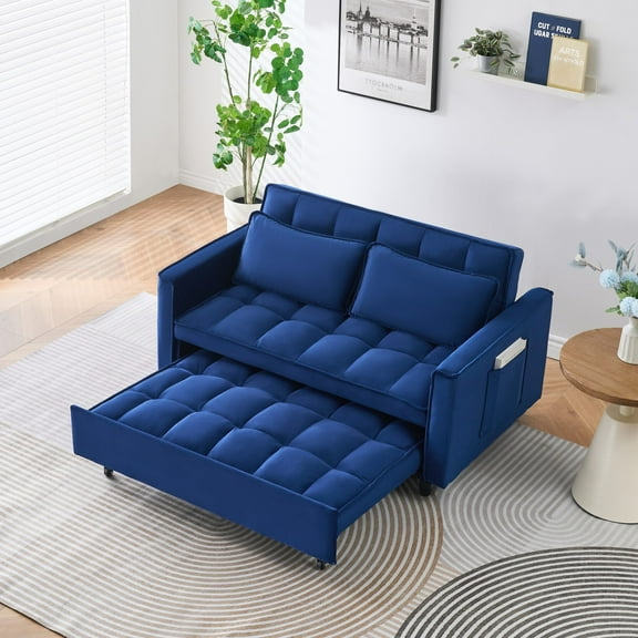 3 in 1 Convertible Sleeper Sofa Bed,Modern Velvet Sofa,Pullout Sofa,Small Love Seat Casual Sofa with Adjustable Reclining Backrest,Toss Pillows,Pockets,Perfect for Living Room,Blue