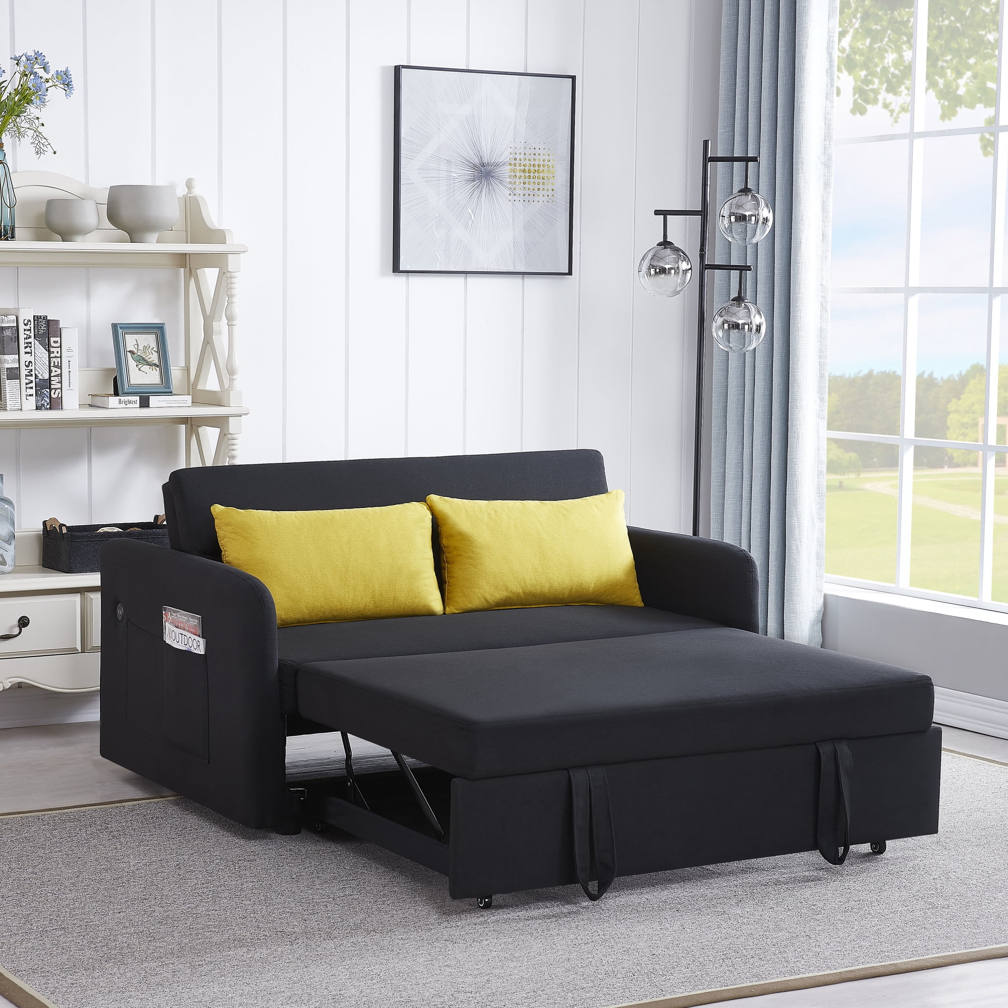 3 in 1 Convertible Sleeper Sofa Bed with Pull Out Bed ,Modern Linen Fabric Upholstered Loveseat Sofa Couch with 2 Pillows and Adjsutable Backrest,Black