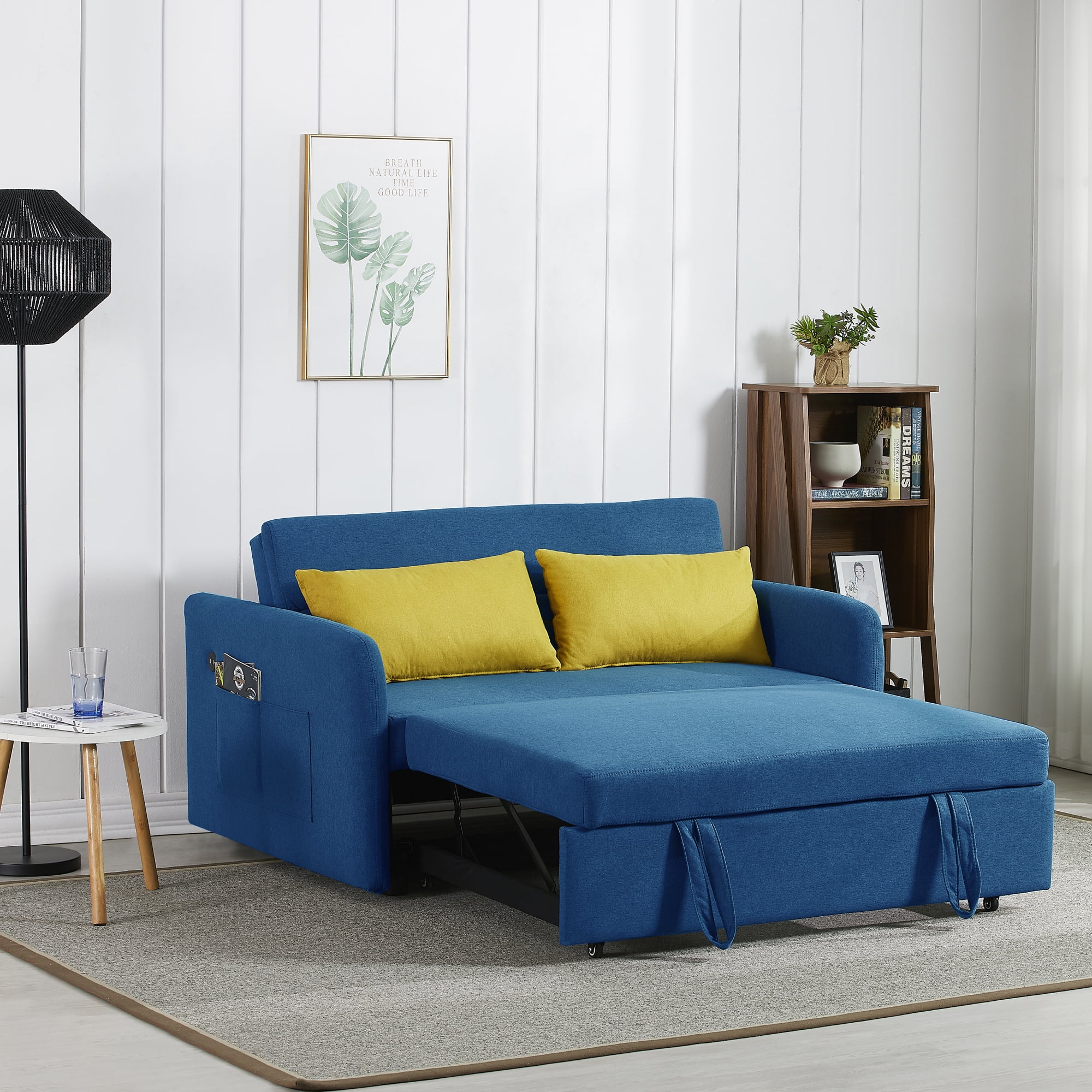 3 in 1 Convertible Sleeper Sofa Bed with Pull Out Bed ,Modern Linen Fabric Upholstered Loveseat Sofa Couch with 2 Pillows and Adjsutable Backrest,Retro Blue