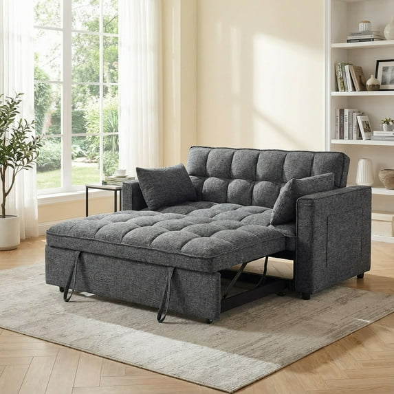 3 in 1 Convertible Sleeper Sofa Bed,Pull Out Couch Bed with Adjustable Backrest,Loveseat Sofa Couch with Pillows & Pockets for Living Room,Apartment,Grey