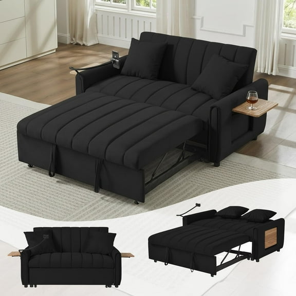 3 in 1 Convertible Sleeper Sofa Bed, Pull Out Couch Bed with USB Ports, Foldable Tables & Phone Stand, Adjustable Backrest Velvet Loveseat Futon Couch for Living Room Bedroom Samll Space (Black)