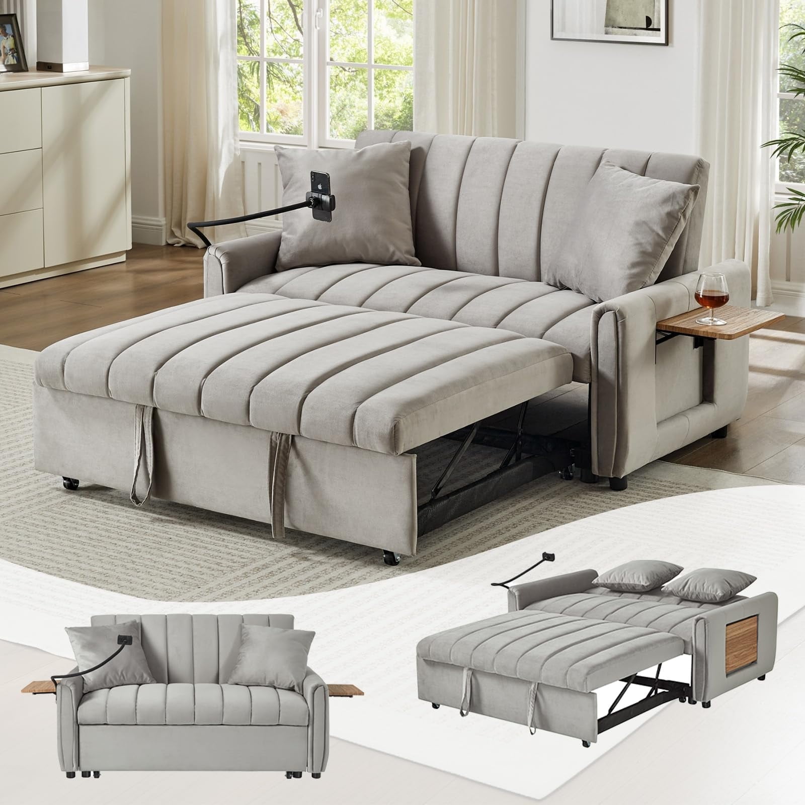 3 in 1 Convertible Sleeper Sofa Bed, Pull Out Couch Bed with USB Ports ...