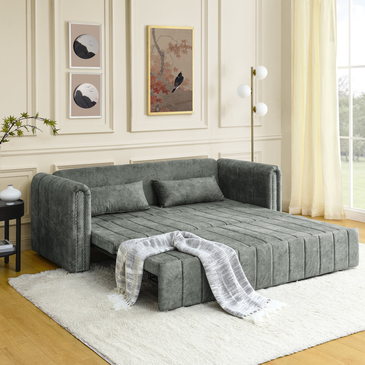 3 in 1 Convertible Sleeper Sofa Bed Upholstered 3 Seats Lounge Sofa with Pull Out Sleeper Couch Bed Corner Sectional Couch with Adjustable
