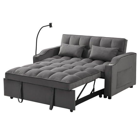 3 in 1 Convertible Sleeper Sofa Bed, Velvet Loveseat Pull Out Couch with Charging, Dual Cup Holders and Phone Holder, Modern Futon Sofa Couch for Living Room, Dark Grey