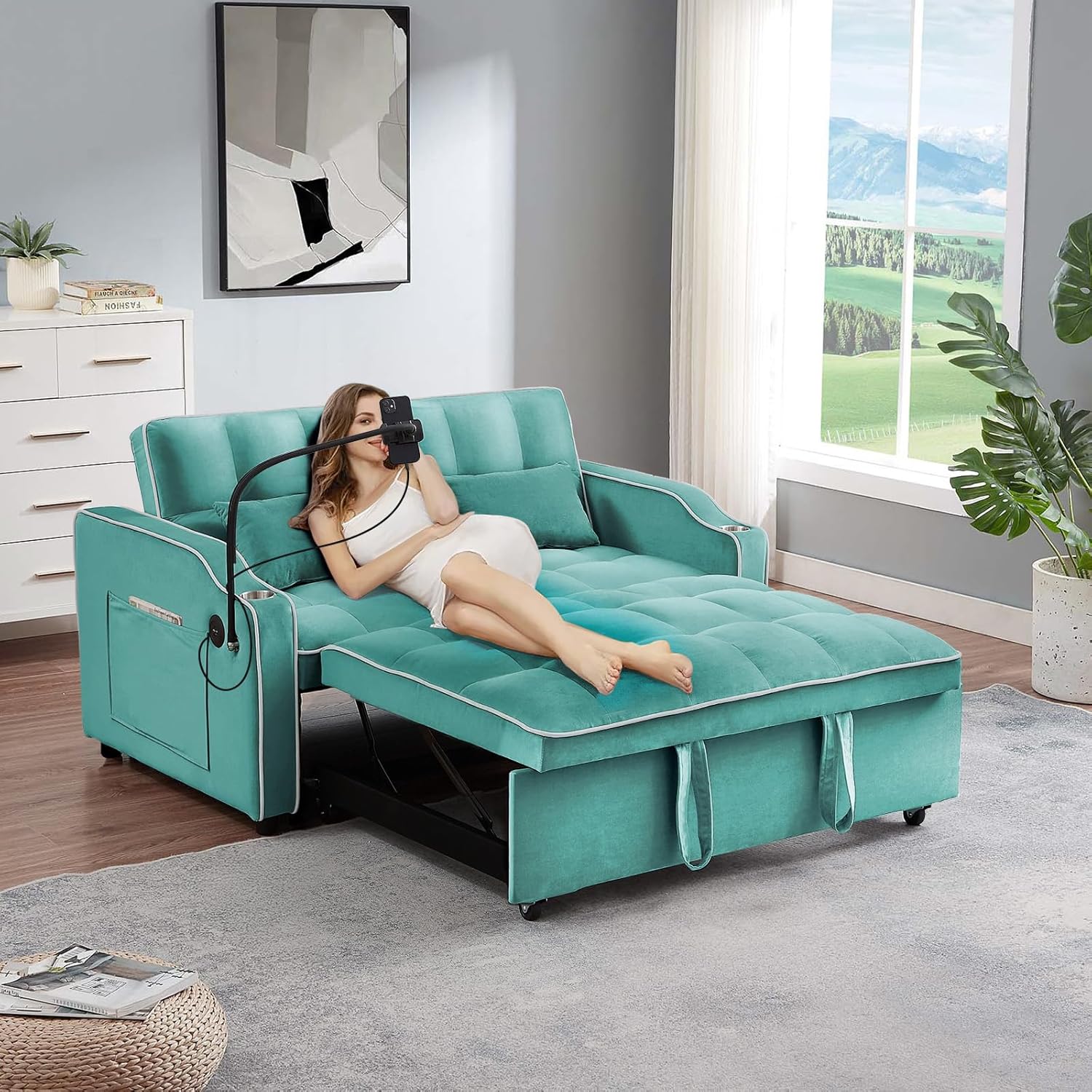 3 in 1 Convertible Sleeper Sofa Bed,Velvet Pull Out Couch Bed w USB ...