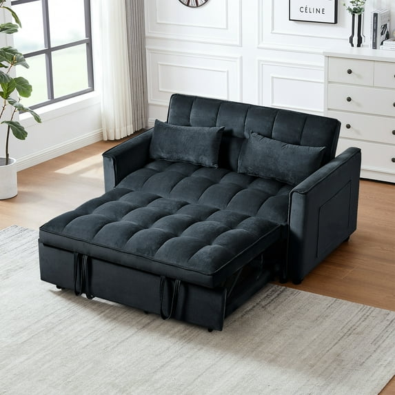 Pull-Out Convertible Sofa Bed: Velvet Loveseat w/ Pockets, Pillows & Reclining Backrest - Compact for Living Room, Black