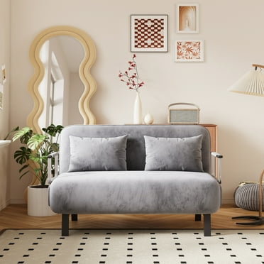 3 in 1 Convertible Sofa Bed, 39″ Folding Loveseat Sleeper Sofa Bed with Adjustable Backrest and 2 Pillows, Velvet Tri-Fold Sleeper Sofa Chaise Lounge Couch for Home and Office, Light Gray