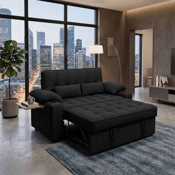 Howcool 58" Sleeper Sofa Bed, Convertible Pull Out Couch Bed Corduroy Loveseat with Adjustable Backrest, USB Charging Ports, Cup Holders & Foldable Side Table for Living Room Apartment,Black