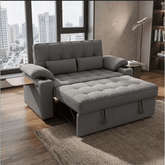 Howcool 58" Sleeper Sofa Bed, Convertible Pull Out Couch Bed Corduroy Loveseat with Adjustable Backrest, USB Charging Ports, Cup Holders & Foldable Side Table for Living Room Apartment,Dark Grey