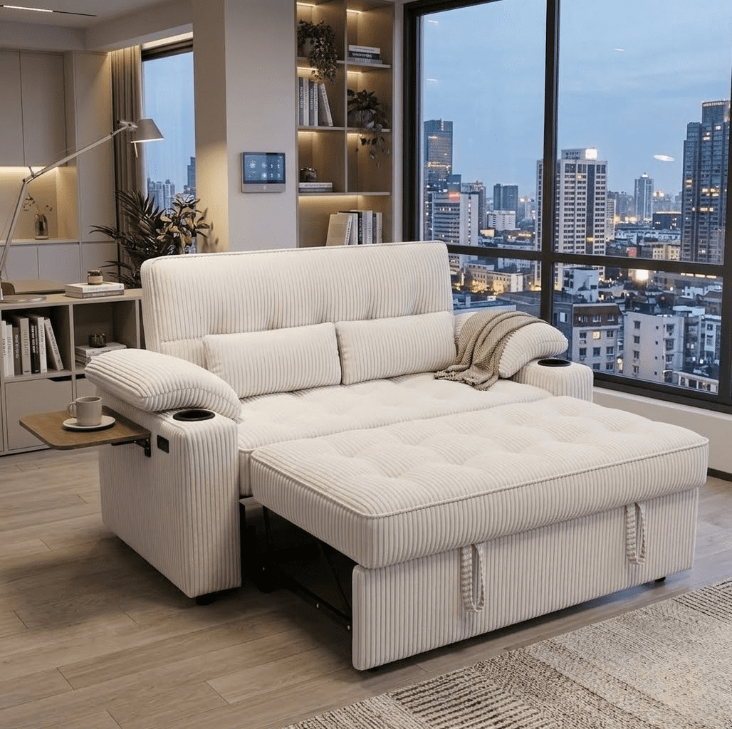 Howcool 58" Sleeper Sofa Bed, Convertible Pull Out Couch Bed Corduroy Loveseat with Adjustable Backrest, USB Charging Ports, Cup Holders & Foldable Side Table for Living Room Apartment,Beige