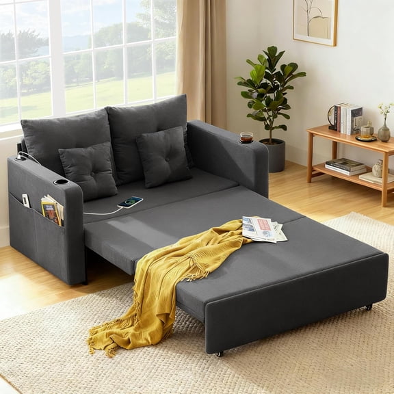 3 in 1 Convertible Sofa Bed, 56" Full Size Loveseat Sleeper Sofa Couch Bed, Sleeper Sofa Bed with Storage Pocket, USB, Comfy Pull Out Sofa Bed for Living Room, Bedroom, Small Space, Dark Grey