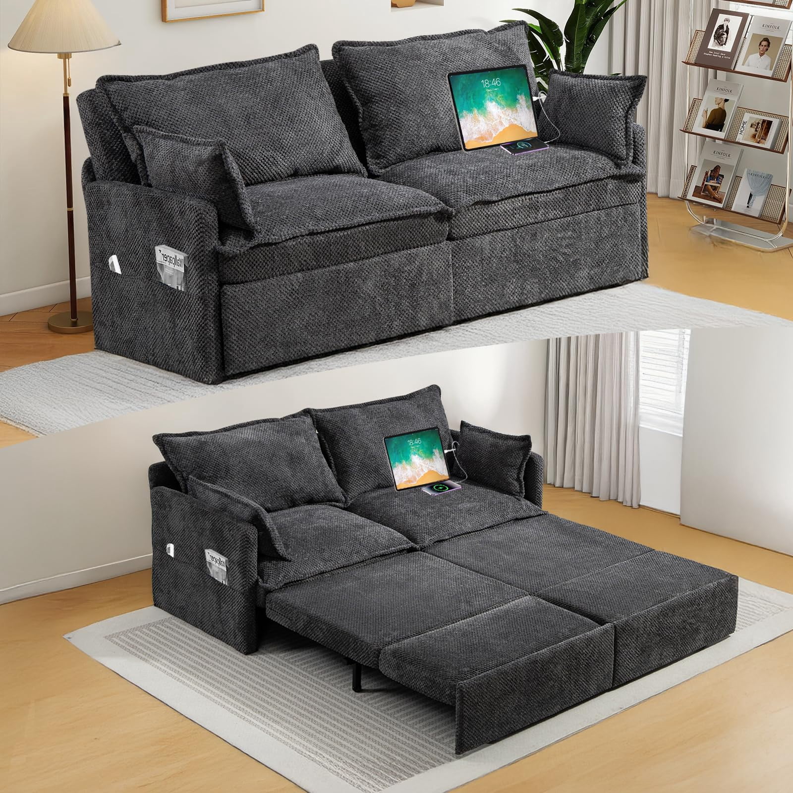3 in 1 Convertible Sofa Bed, 74'' Corduroy Pull Out Couch with Side ...
