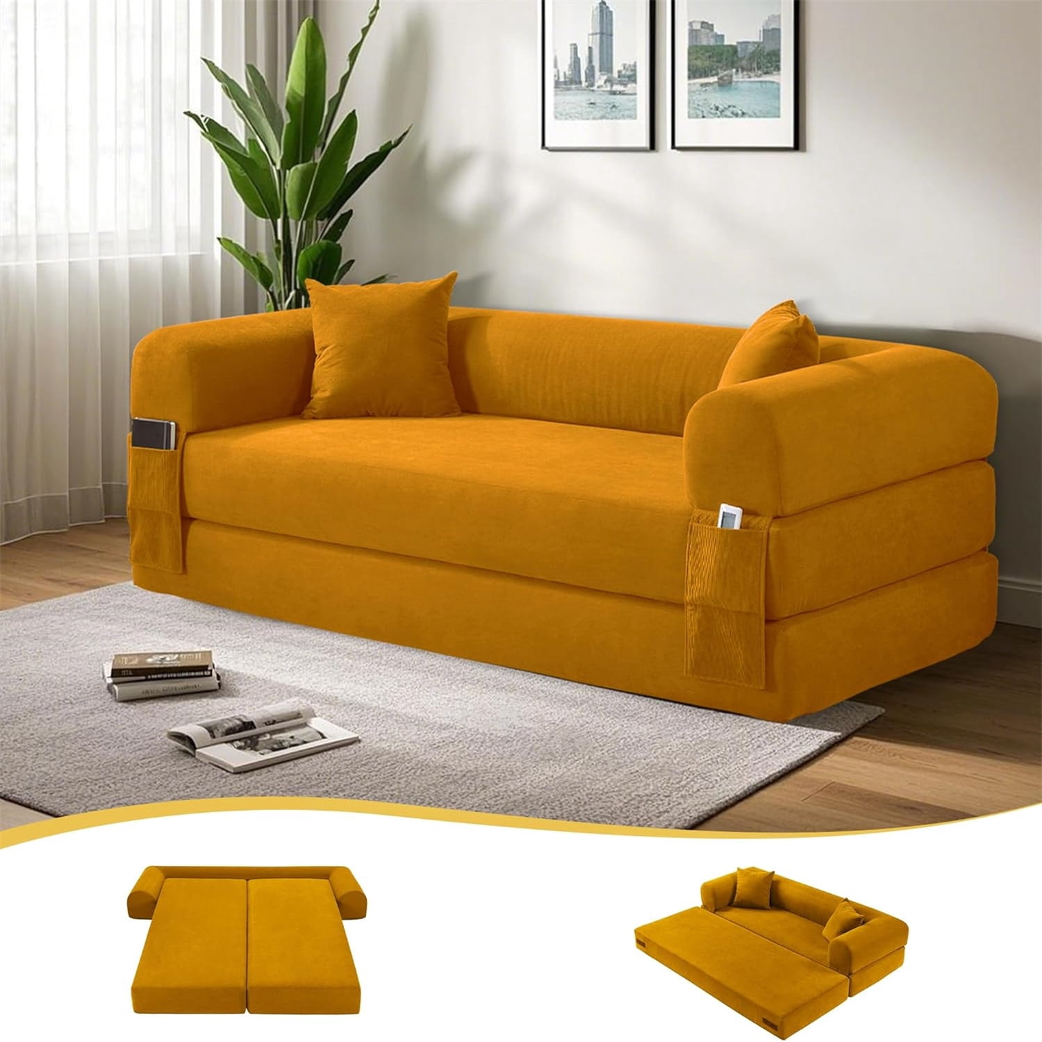 3 in 1 Convertible Sofa Bed, 80" Corduroy Folding Pull Out Couch with 2 Pillows, Floor Sofa with Side Storage for Living Room, No Assembly Modern Boneless Couch Compression Sofa, 30"W