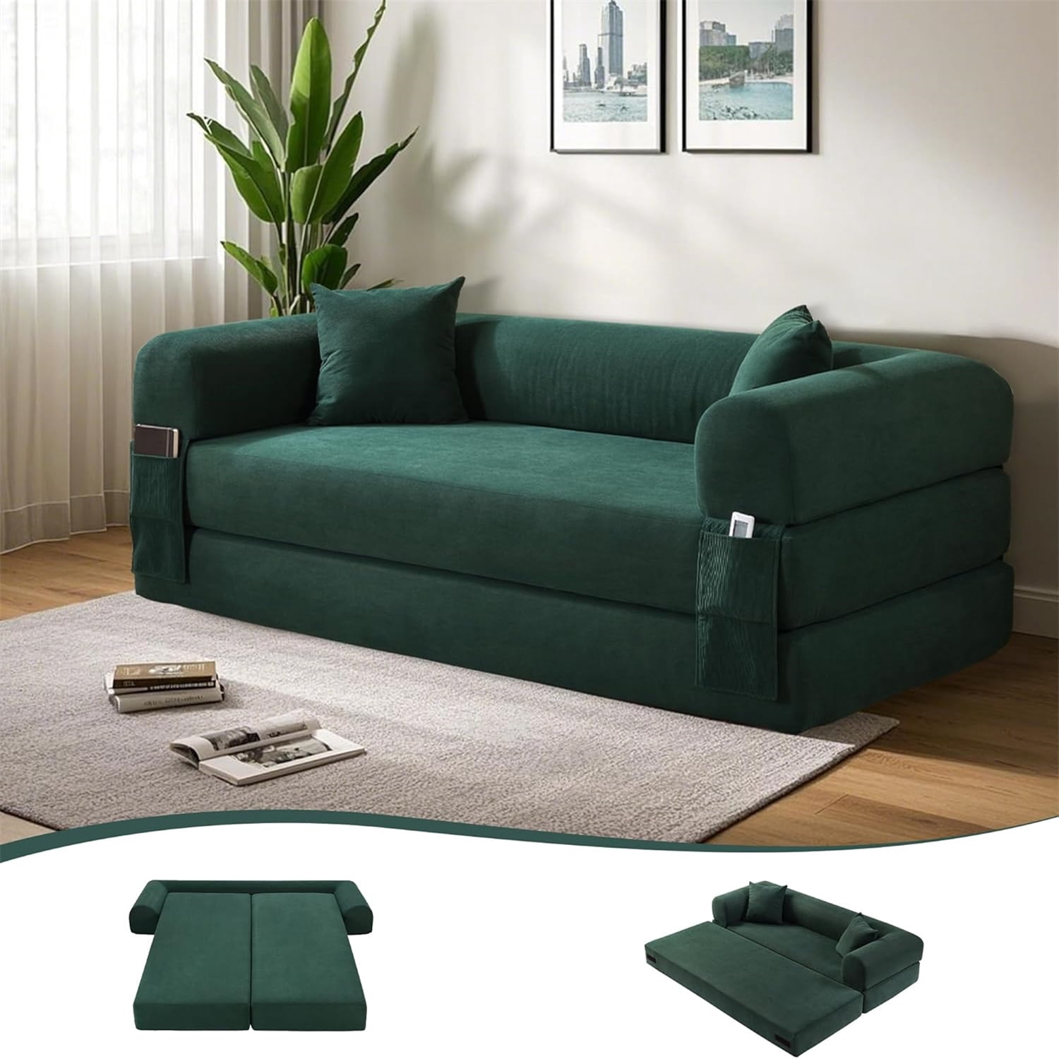 3 in 1 Convertible Sofa Bed, 80" Corduroy Folding Pull Out Couch with 2 Pillows, Floor Sofa with Side Storage for Living Room, No Assembly Modern Boneless Couch Compression Sofa, 30"W