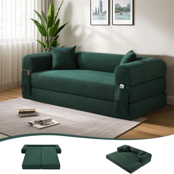 3 in 1 Convertible Sofa Bed, 80" Corduroy Folding Pull Out Couch with 2 Pillows, Floor Sofa with Side Storage for Living Room, No Assembly Modern Boneless Couch Compression Sofa, 30"W
