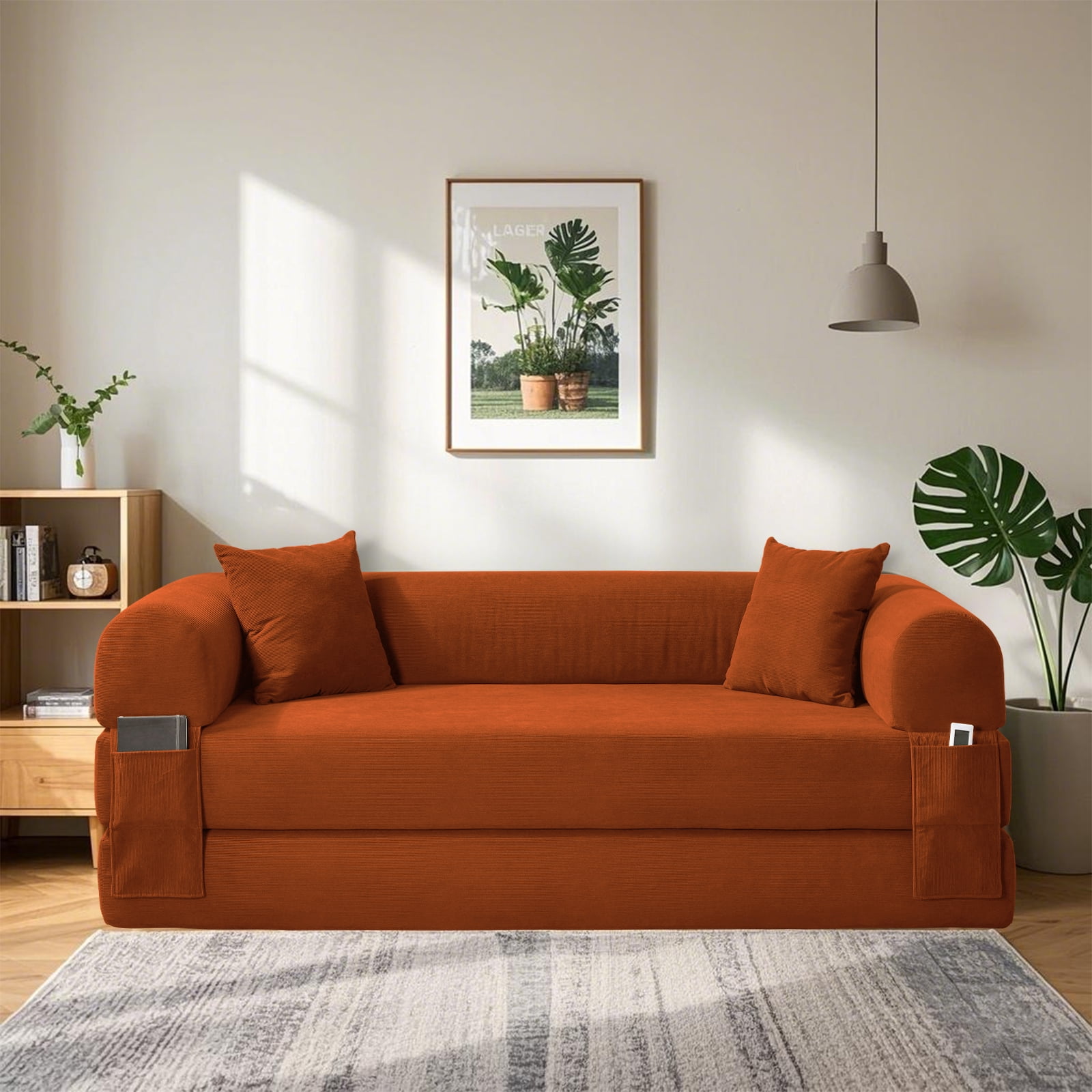 3 in 1 Convertible Sofa Bed, 80" Corduroy Folding Pull Out Couch with 2 Pillows, Floor Sofa with Side Storage for Living Room, No Assembly Modern Boneless Couch Compression Sofa, 35.4"W