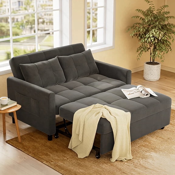 3 in 1 Convertible Sofa Bed,Asofer Modern Pull Out Couch SleeperBed with AdjustableBackrest,Loveseat Couch with Pockets for Apartment Office,Velvet Gray