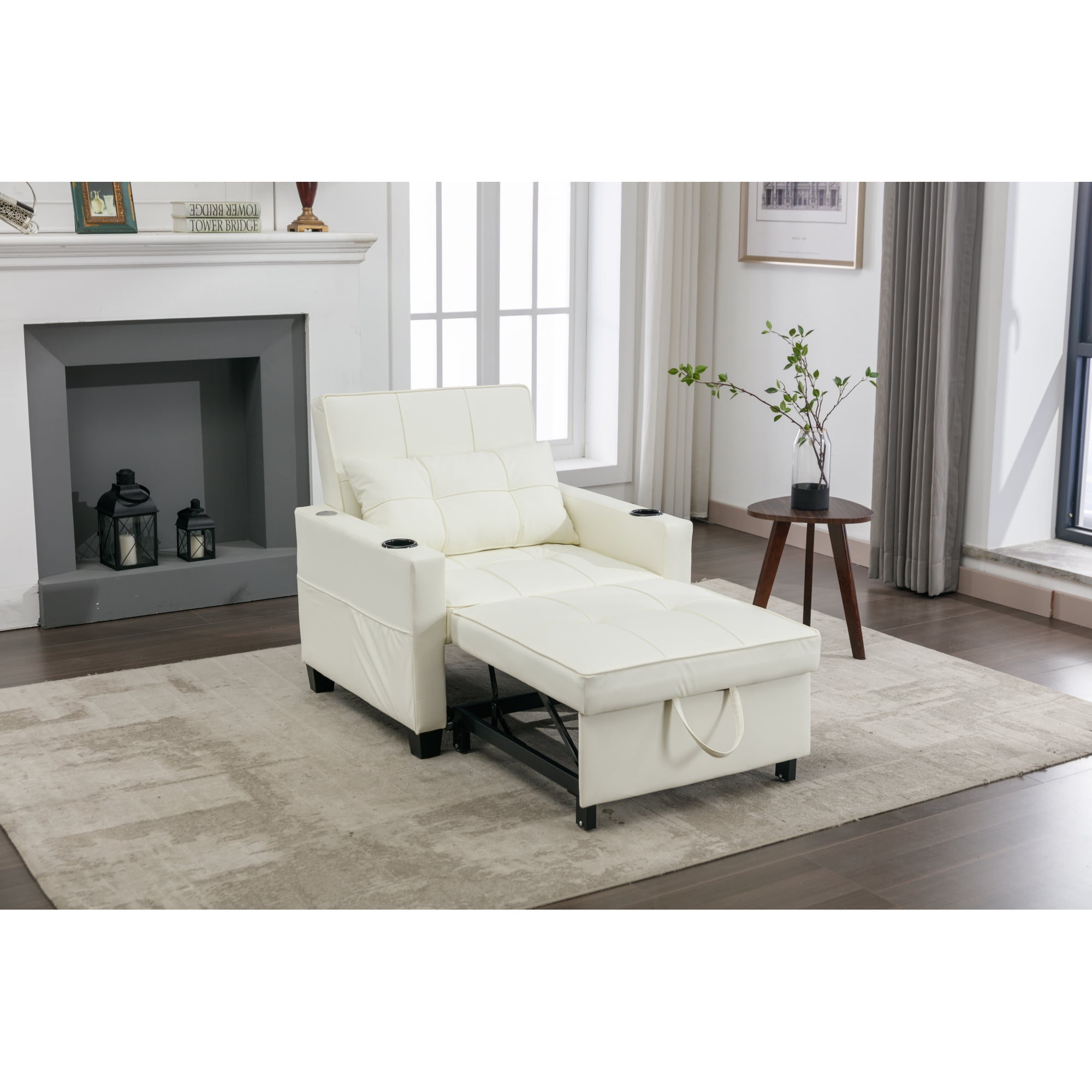 3-in-1 Convertible Sleeper Chair Bed - Lychee Velvet Recliner Daybed With Cup Holders For Living Room & Bedroom