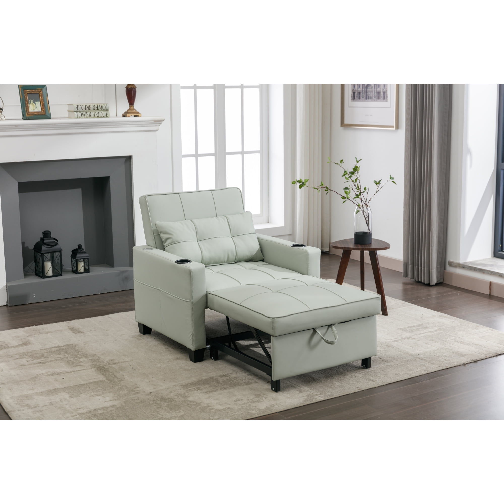 3 in 1 Convertible Sofa Bed Chair,PU Leather Folding Futon Sofa Bed with USB Ports and Adjustable Backrest,2 Cupholders,Single Recliner Lounger Sleeper Chair for Small Space,Living Room,Green