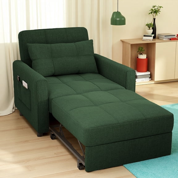 3 in 1 Convertible Sofa Bed Chair, Pullout Single Sleeper Chair Bed with Adjustable Backrest, Spacious Multifunctional Sofa Couches for Living Room,Green