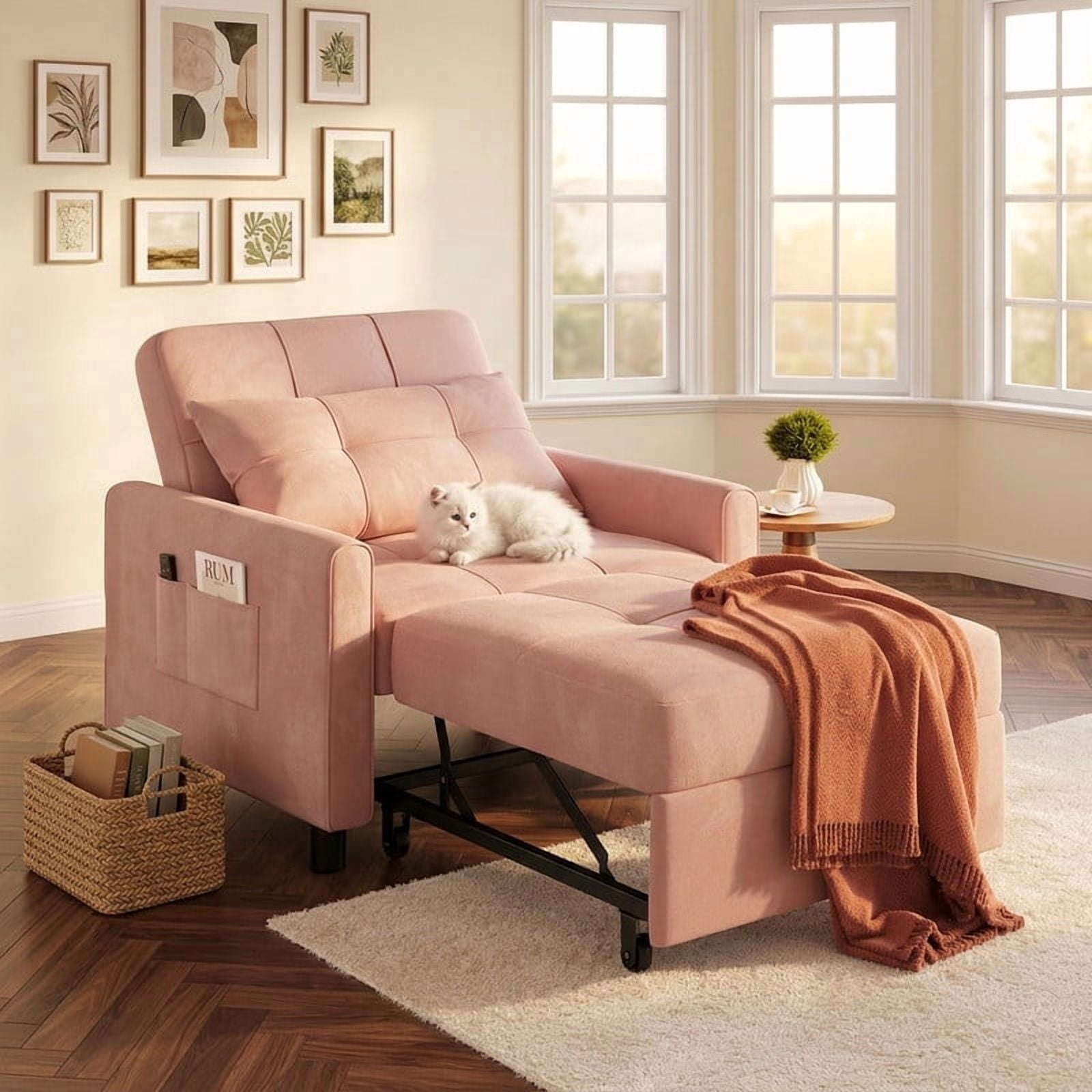 3-in-1 Convertible Sleeper Chair, Lightweight Foldable Sofa Bed for Small Spaces, Linen Upholstery, Pink