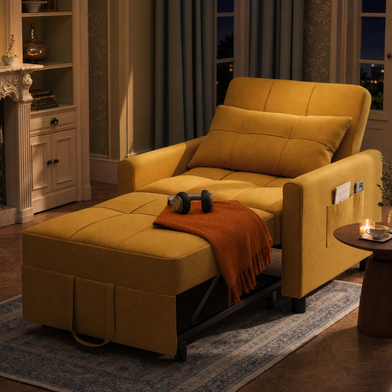 3 1 Convertible Sofa Bed Chair Pullout Single Sleeper Chair Bed Adjustable Backrest Spacious Multifunctional Sofa Couches Living Room Yellow: Shop With Context