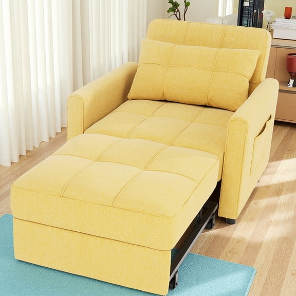 3 in 1 Convertible Sofa Bed Chair, Pullout Single Sleeper Chair Bed with Adjustable Backrest, Spacious Multifunctional Sofa Couches for Living Room,Yellow