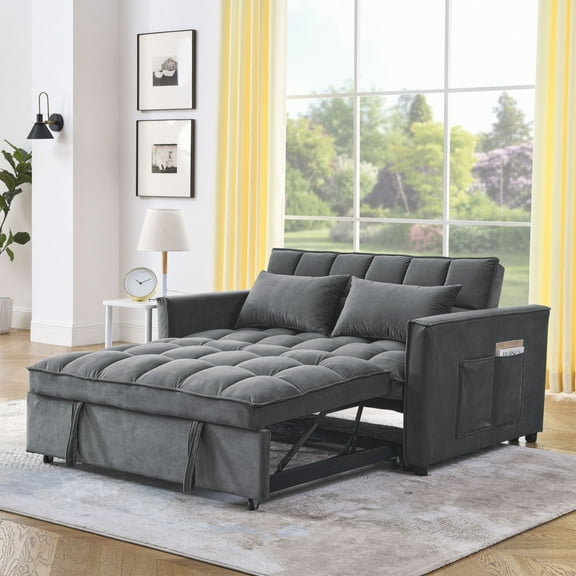 3 in 1 Convertible Sofa Bed,Pull Out Couch Velvet Sleeper Sofa with 3-Position Adjustable Backrest,2-Seater Sectional Sofa with 2 Pillows & Two Side Pockets for Living Room, Apartment,Gray