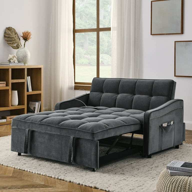 Mitinya 3 in 1 Convertible Sofa Bed Pull Out Couch Adjustable Back USB Type C Charging Velvet