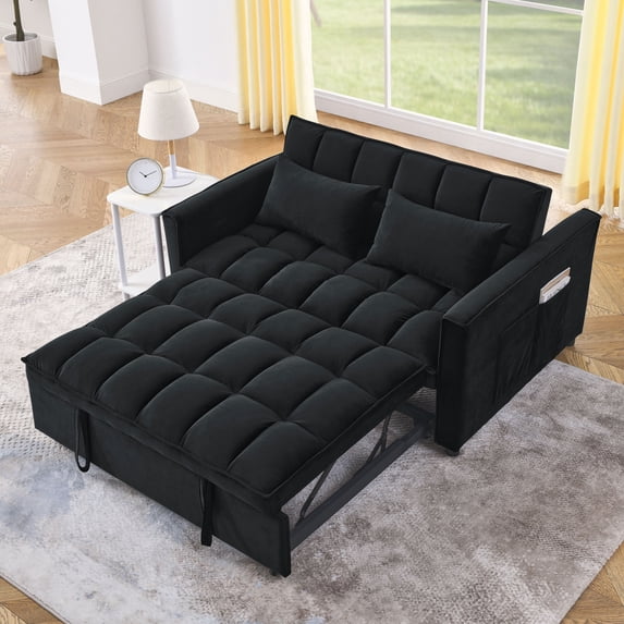 3 in 1 Convertible Sofa Bed,Pull Out Couch Velvet Sleeper Sofa with 3-Position Adjustable Backrest,2-Seater Sectional Sofa with 2 Pillows & Two Side Pockets for Living Room, Apartment,Black