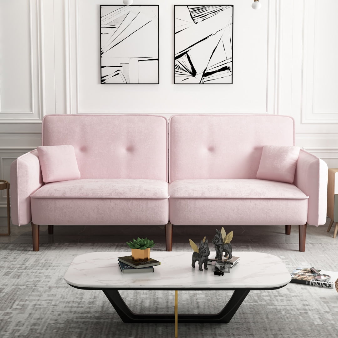 3 in 1 Convertible Sofa Bed, Velvet Upholstered Futon Couch with 2