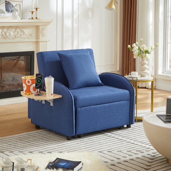 3 In 1 Convertible Sofa Chair With With Adjustable Backrest and Foldable Table, Modern Multi-Functional Lounge Chair Pull-Out Sofa Bed with Adjustable Backrest for Living Room, Small Space, Blue