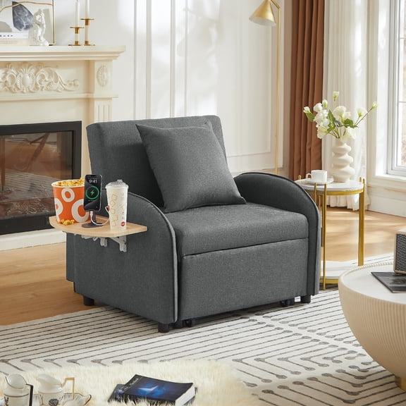 3 In 1 Convertible Sofa Chair With With Adjustable Backrest and Foldable Table, Modern Multi-Functional Lounge Chair Pull-Out Sofa Bed with Adjustable Backrest for Living Room, Small Space, Gray