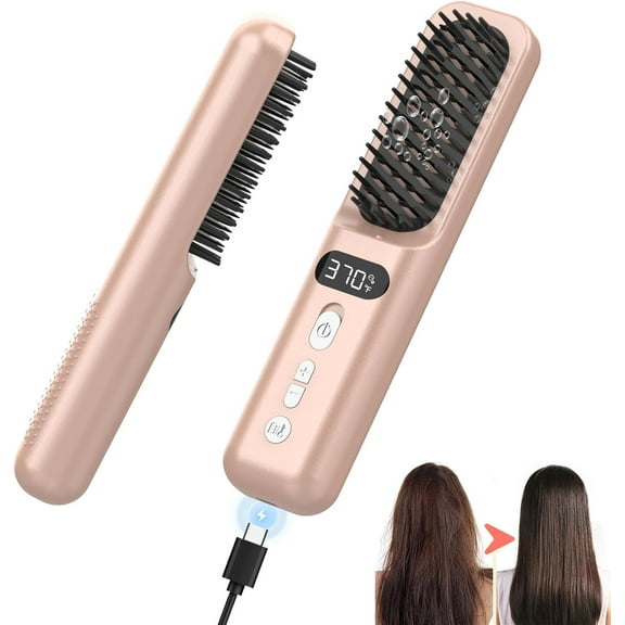 3 in 1 Cordless Hair Straightener Brush - 10000mAh Portable Hot Comb with Fast Heating, Adjustable Temp, Led Display - Rechargeable Negative Ions Hair Straightener Comb for Travel