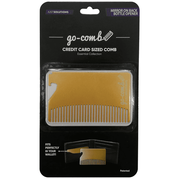 3 in 1 Credit Card Sized Go Comb, Wallet Sized Grooming Tool with Comb, Mirror, Bottle Opener, Compact Travel Essential for On the Go Use, Sleek and Stylish Multi Function Carry, Gold