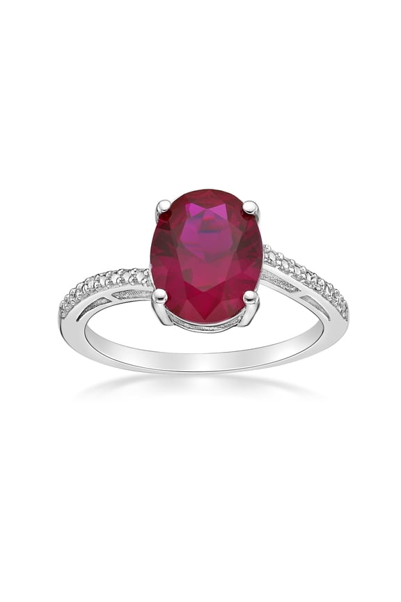 3.1 Ct Oval Created Red Ruby .01 cttw Diamond Sterling Silver Ring Size 8