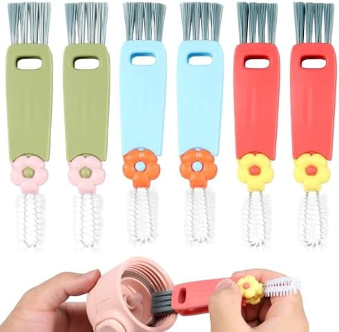3 in 1 Cup Lid Cleaning Brush, 180° Rotatable Bottle Brush Gap Cleaner, Multifunctional Crevice Cleaning Brush Set for Baby Bottle, Water Bottle, Tumbler & Kitchen Mugs, 6 Pack Hangable