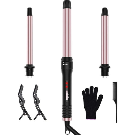 3 in 1 Curling Iron Set for Long/Short All Hairstyle,with 3 Interchangable Ceramic Beach Waves Wands(0.75"-1.25"),Dual Voltage 30s Fast Heating with Heat Resistant Glove & 2 Clip