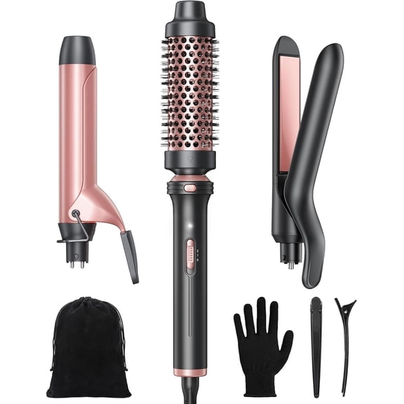 3 in 1 Curling Wand Set, Multi Curl, Curling Iron Set with Heated Round Brush, Flat Iron Hair Straightener, 1 1/4 inch Curling Iron, Dual Voltage Hair Curler